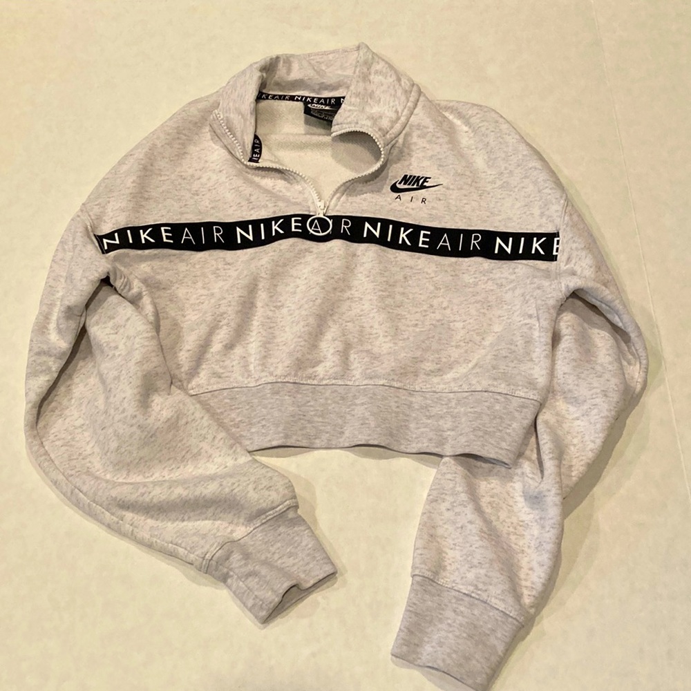 Nike womens crop heathered grey hoodie with logo stripe